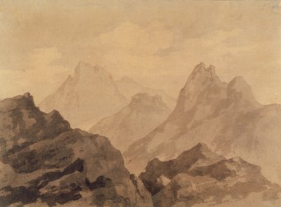 Mountain Tops（A Mountain Study）、c.1780（紙に茶色と灰色のウォッシュを施したグラファイト） 作： Alexander Cozens